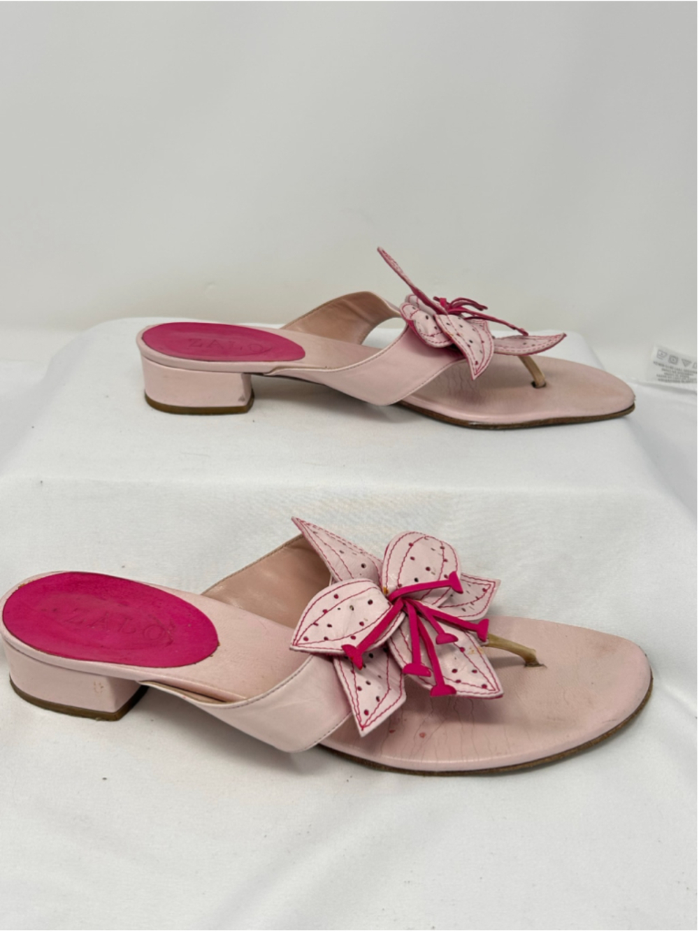 Zalo Leather Floral Thong Sandals Pink Made in Spain Size 10B